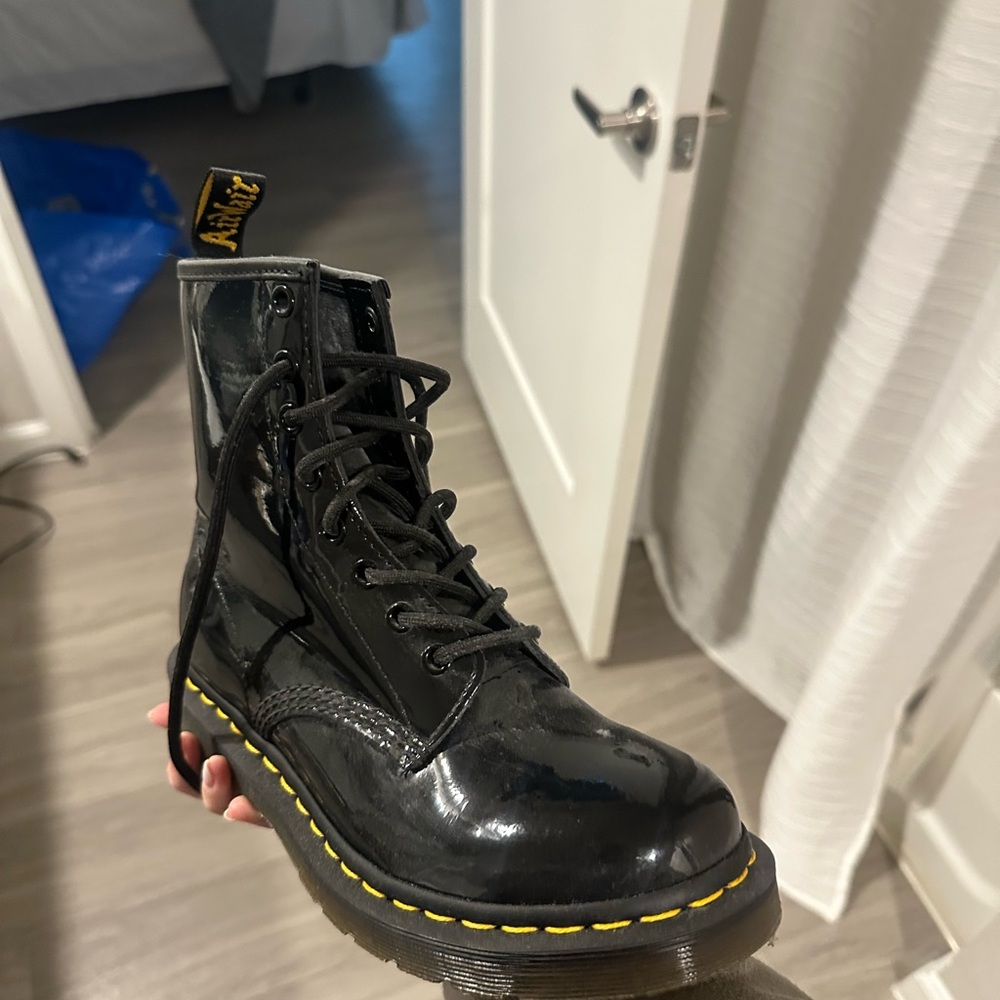 Dr. Martens Shiny Black Boots with Yellow Stitching